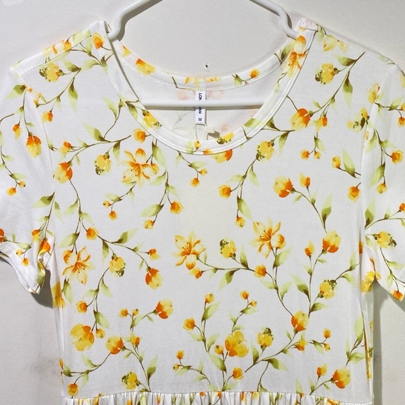 Longyuan Women's Medium White & Yellow Floral Short Sleeve Mini Dress - Picture 4 of 14